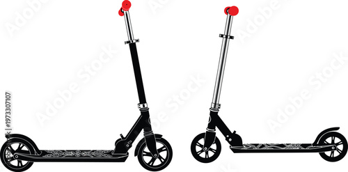 Minimalist kick scooter silhouette, adjustable handlebar design, black and red scooter illustration, modern transport artwork, side by side comparison