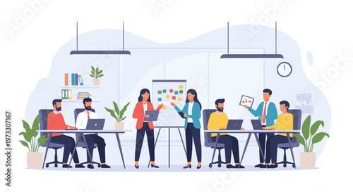 Diverse team collaborates and brainstorms ideas around a table and whiteboard in a modern office space