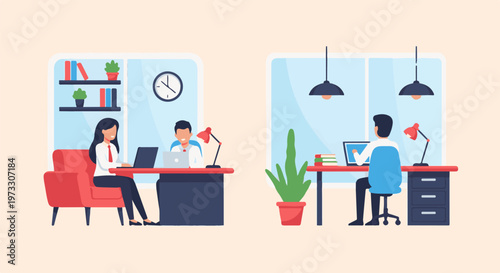 Two people working at desks in separate office spaces with plants and books