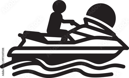 Jet Ski Rider Icon, Personal Watercraft Silhouette with Sunset
