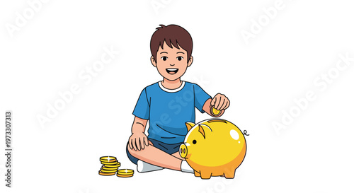 A smiling young boy sits comfortably cross-legged on the floor while placing a shiny gold coin into a vibrant yellow spherical piggy bank container.