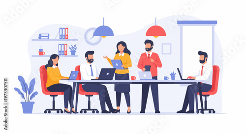 Five professionals in a meeting room collaborate around a large table with laptops and documents