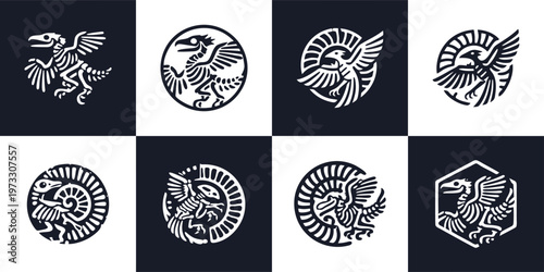 Ancient Bird Skeleton and Raptor Fossil Icon Collection