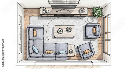 Interior Design Sofa Coffee Table Layout Sketch Overhead Living Room Concept Modern Furniture Illustration