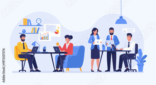 Four business professionals collaborate and work on laptops in a modern office setting