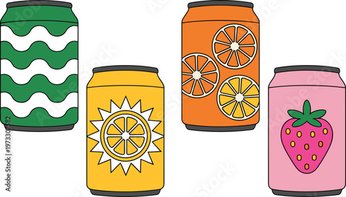 Vector set of colorful aluminum soda cans with fruit designs including orange lemon and strawberry for refreshing beverage and summer concepts