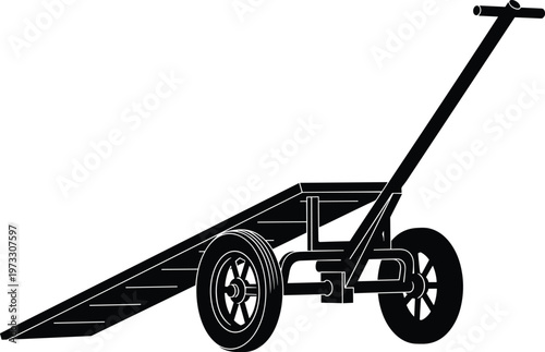 Black and white illustration, physics inclined plane, two wheeled cart, dolly silhouette, mechanical advantage, gravity friction, engineering demonstration, ramp