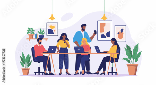 Diverse team collaborates, working on laptops at a modern office desk with plants