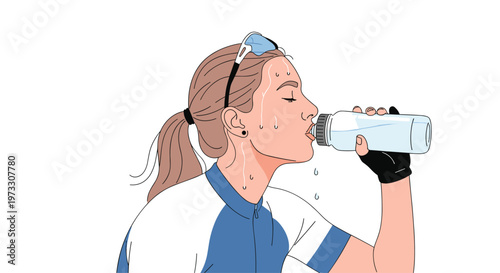 A detailed side profile view shows a sweating female athlete with a ponytail drinking refreshing water from a clear plastic sports bottle during exercise.