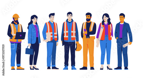 Diverse construction team in safety vests, teamwork, professionals on white background
