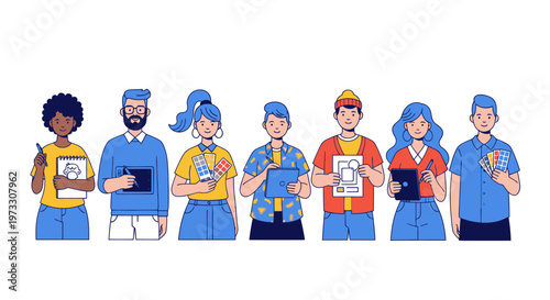 Diverse creative team of designers holding art supplies and tablets