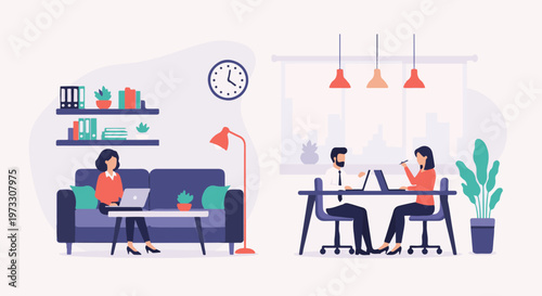 Two scenes of work one person on couch, two at desk