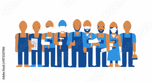 Diverse construction worker team illustration, flat design, blue overalls, safety helmets