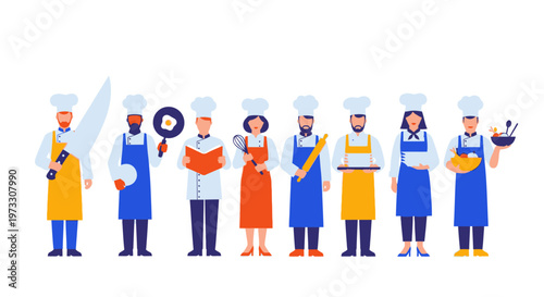 Diverse Team of Professional Chefs in Uniforms with Culinary Tools