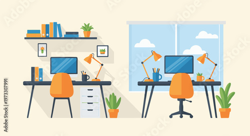 Two modern workstations with orange chairs and desk lamps under a bright sky
