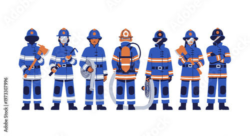 Diverse Firefighters Team in Uniform with Equipment, Vector Illustration