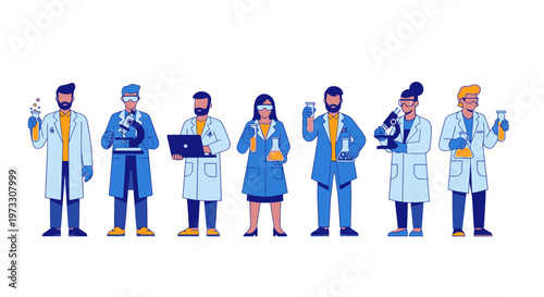 Diverse scientists in lab coats with equipment, science research and innovation concept