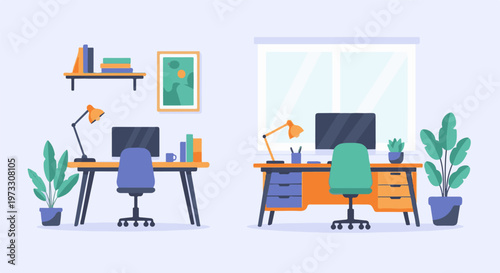 Two desks with computers, chairs, lamps, plants, and books create a modern workspace