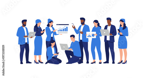 Diverse team of professionals collaborating with laptops and smartphones for business growth.