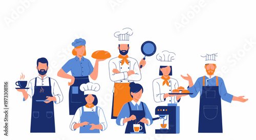 Diverse Culinary Team: Chefs and Baristas with Food and Coffee