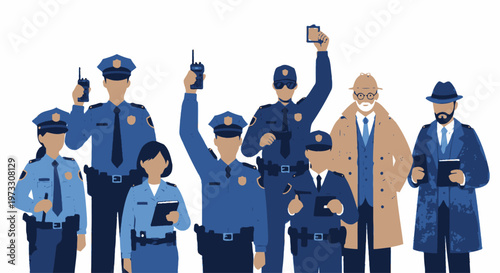 Diverse group of police officers and detectives in uniform, law enforcement team