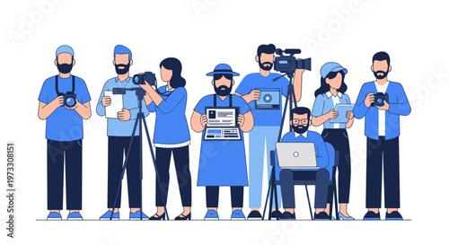 Diverse Media Crew with Cameras and Equipment, Ready for Action