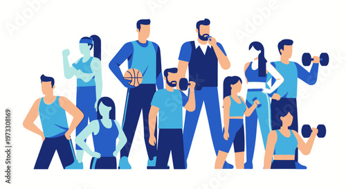 Diverse group of people exercising with weights and basketball