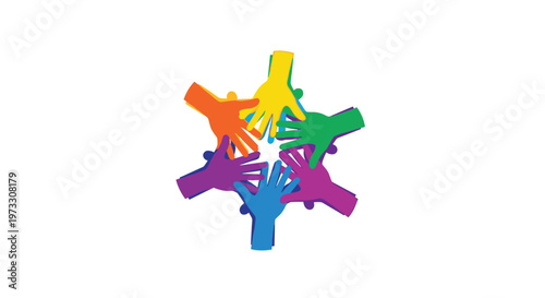 Six stylized human hands in various vibrant rainbow colors are joined together at the wrists to form a symmetrical circular star-like pattern on white.