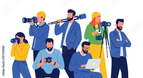 Diverse group of photographers and videographers with cameras and equipment