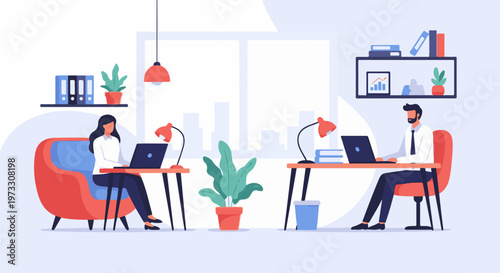 Two individuals work remotely in a bright, modern office with plants and city view