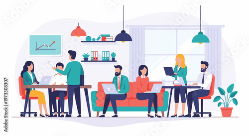 Diverse professionals collaborate on laptops and discuss strategy in a bright, modern office setting