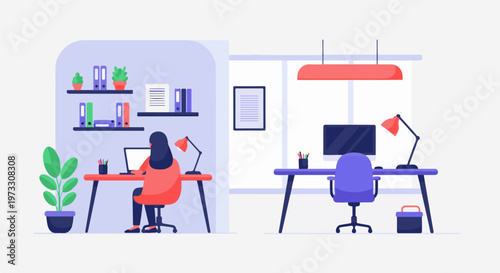 Two minimalist home office setups with desks, computers, chairs, and shelving