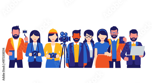 Diverse group of creative professionals holding cameras, laptops and phones