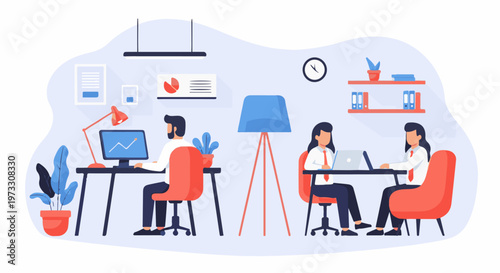 People working in a modern office environment with computers and charts on desks