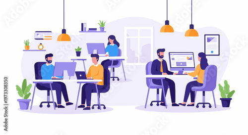 People working on computers in a bright, modern office with plants