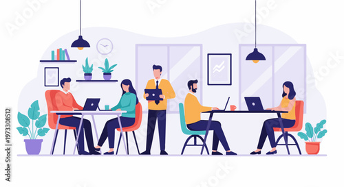 People working together at desks in a modern office with plants