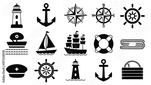 Black and white nautical vector icon set for maritime themes, sea travel, exploration, featuring anchors, lighthouses, ships, and compasses