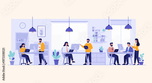 Diverse office workers collaborate and use technology in a bright, modern workspace