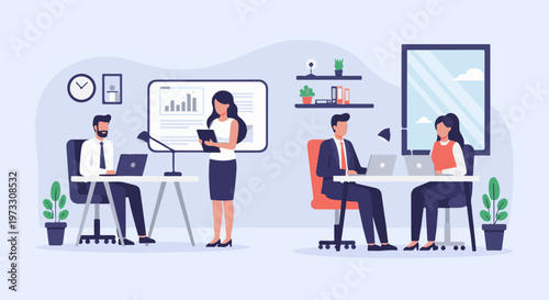 Business professionals collaborating and working on laptops in a modern office setting