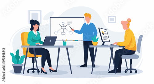 Diverse team collaborating in a modern office, brainstorming and presenting ideas