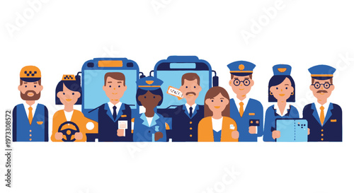 Diverse Public Transportation Workers Team - Taxi Driver, Bus Driver, Pilot