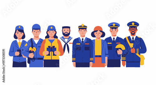 Diverse group of uniformed professionals standing together, flat design illustration