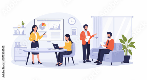 A team meeting in progress with a presenter showing charts on a screen and colleagues working and listening