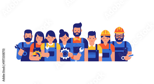 Diverse team of mechanics, engineers, and technicians in uniform holding tools and gears