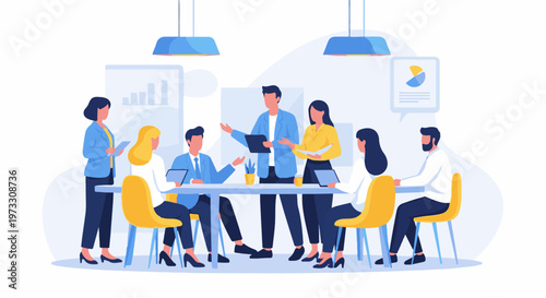 Diverse professionals collaborate in a modern office meeting, discussing charts and data