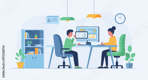 Office workers collaborate at desks with computers and plants