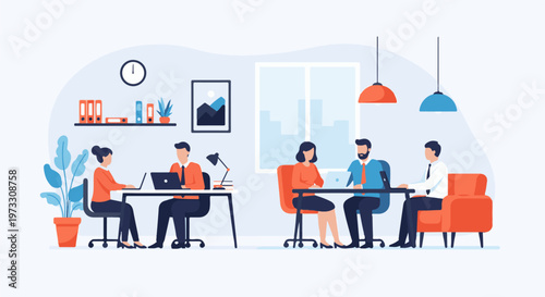 Flat illustration of diverse people collaborating in a modern office environment, working on laptops and interacting near a window
