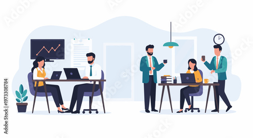 Office workers collaborate and monitor progress on a busy workday