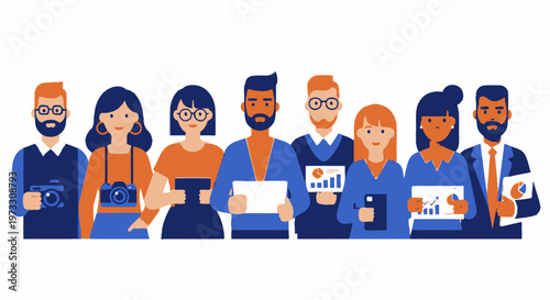 Diverse professional team holding tablets and cameras, modern flat illustration