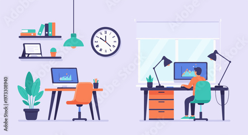 Two minimalist home office setups with plants, computers, and modern furniture